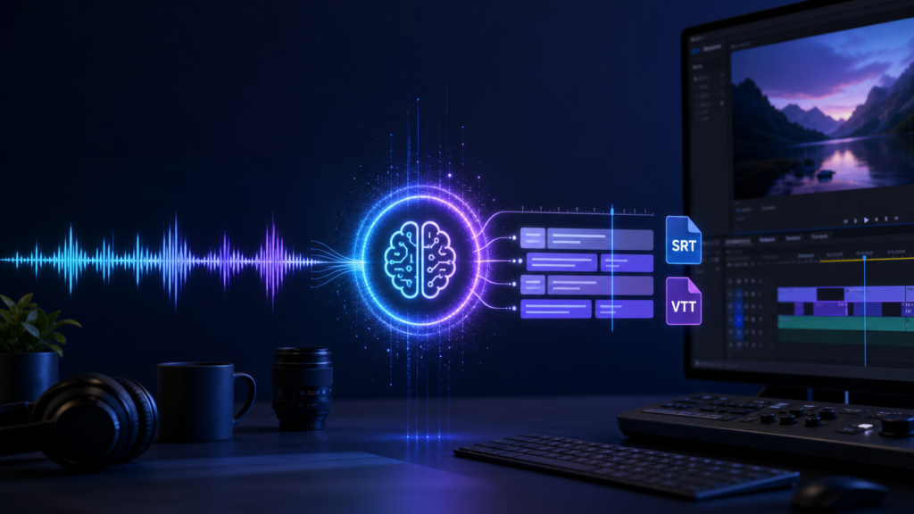 音声をAIで文字起こしし、SRT・VTT字幕に変換するイメージ