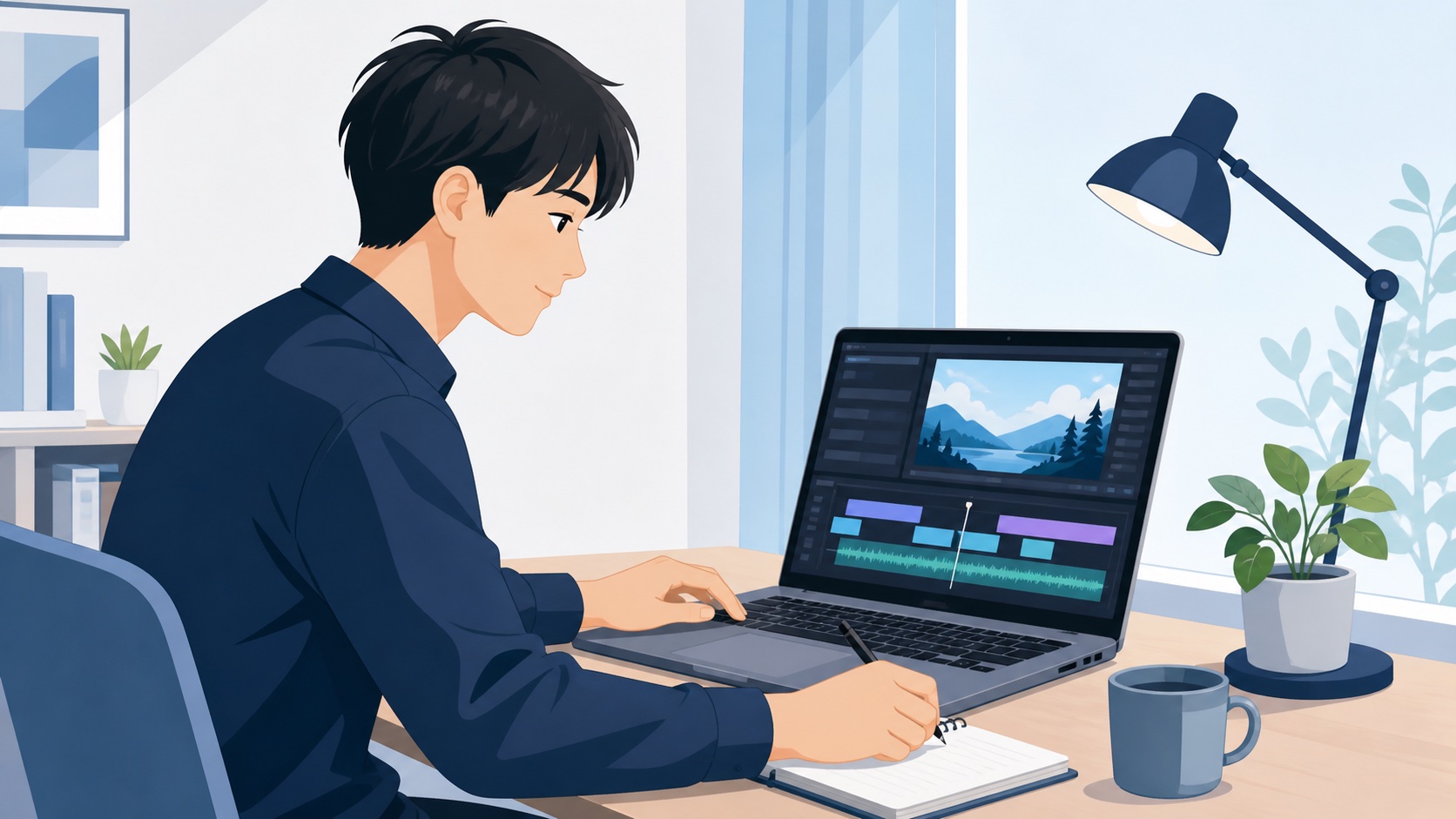 studio USの評判を調べる会社員が自宅でオンライン動画編集を学ぶ様子