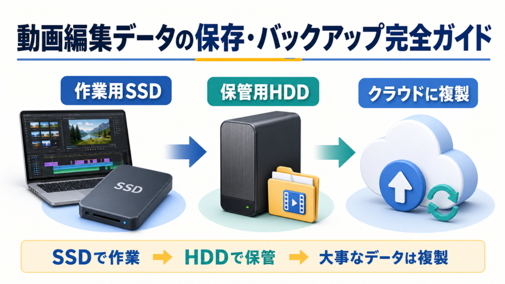 動画編集データをSSDで作業しHDDで保管してクラウドにも複製する流れ