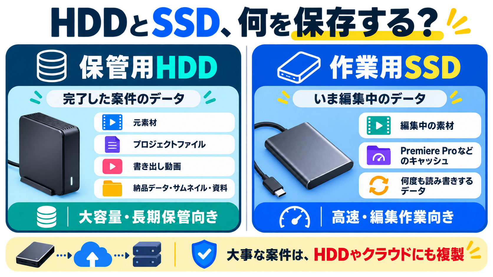 動画編集データを保管用HDDと作業用SSDへ仕分ける図