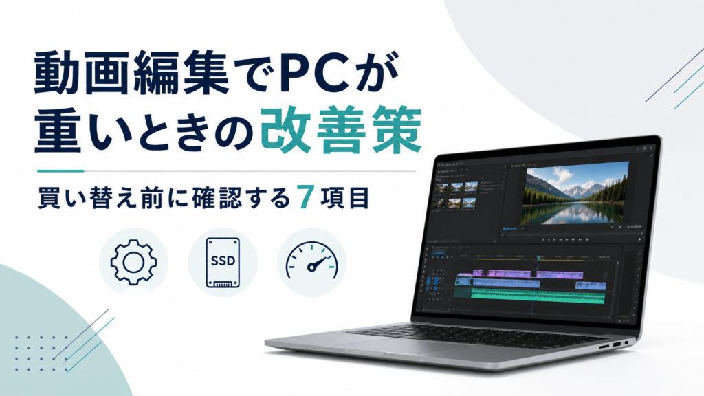 動画編集でPCが重いときの改善策と買い替え前に確認する7項目を示すアイキャッチ画像