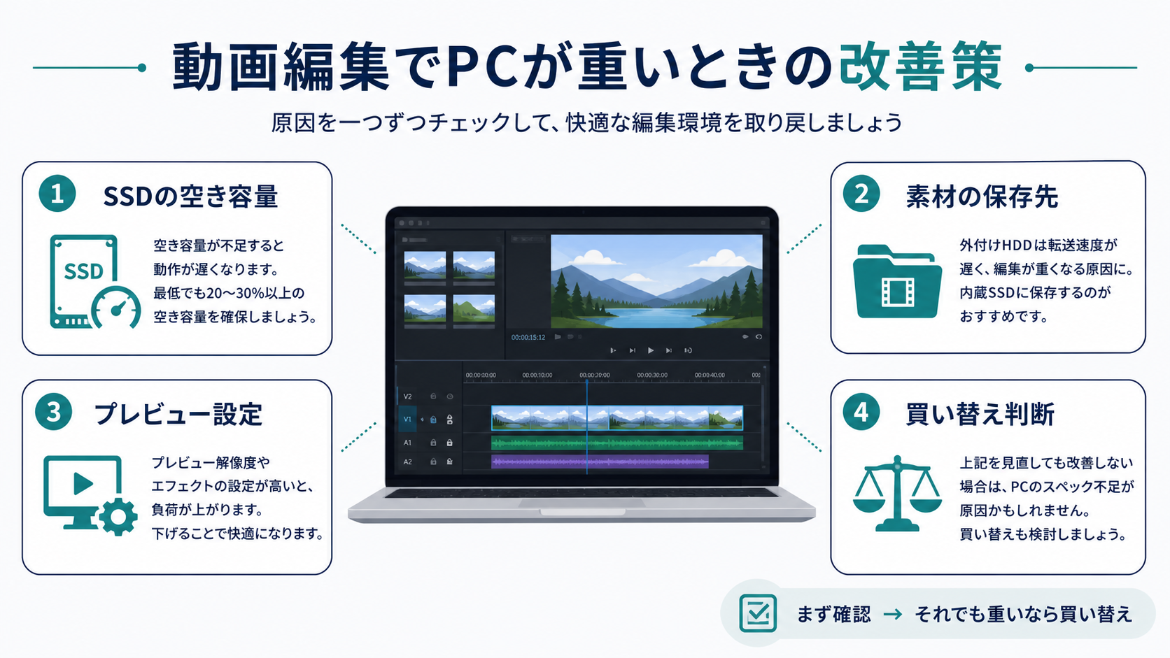 動画編集でPCが重いときに確認する設定・SSD・メモリ・買い替え判断の流れ