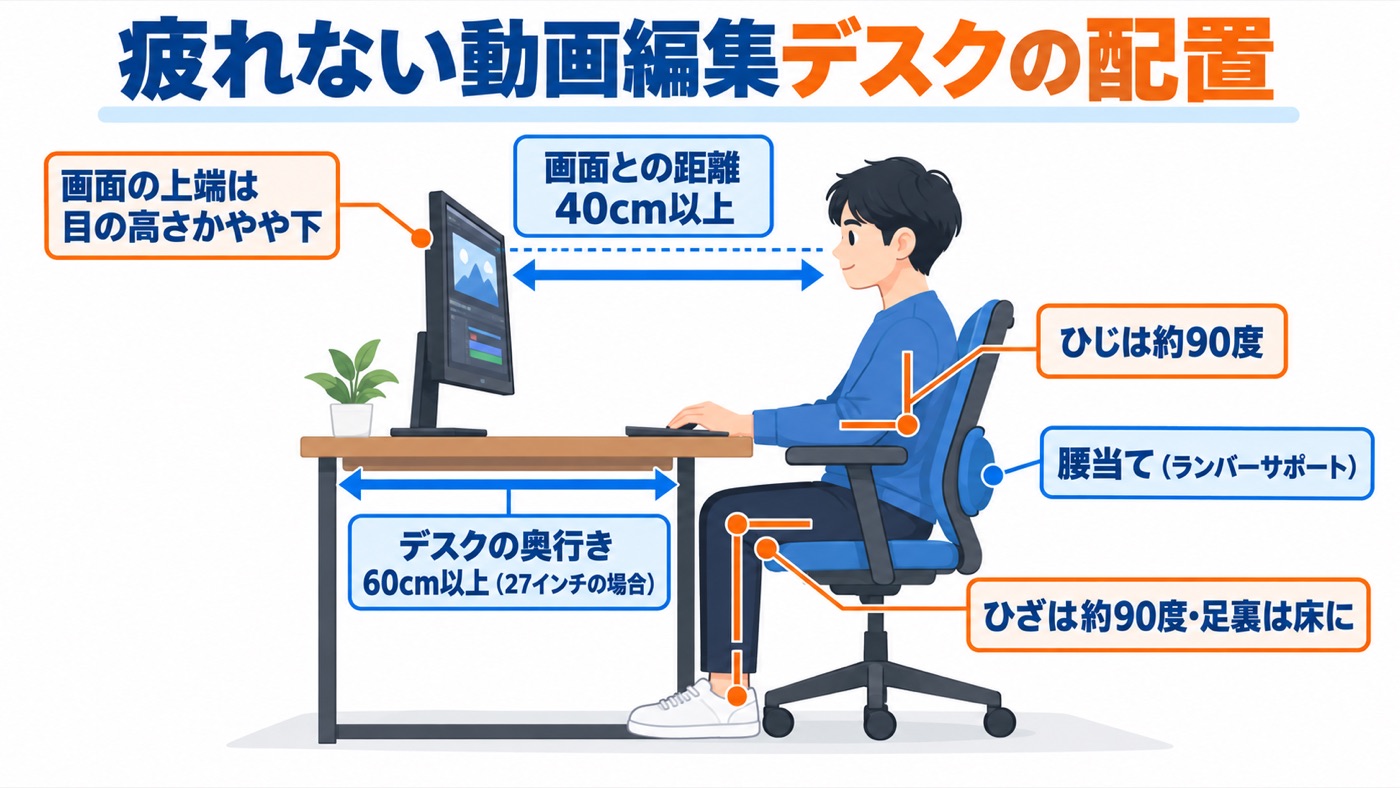動画編集の作業環境で疲れないデスク・椅子・モニターの配置