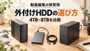 明るい机に据え置き型とポータブル型のHDDを並べた、動画編集データ保管用HDDの選び方の記事表紙。特定商品の実物写真ではないイメージ