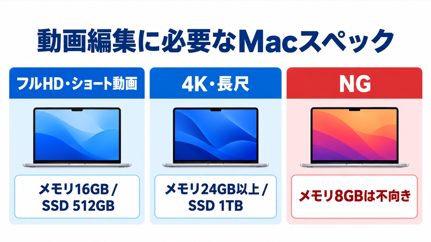 動画編集に必要なMacスペック（フルHDはメモリ16GB・4Kはメモリ24GB以上・8GBは不向き）