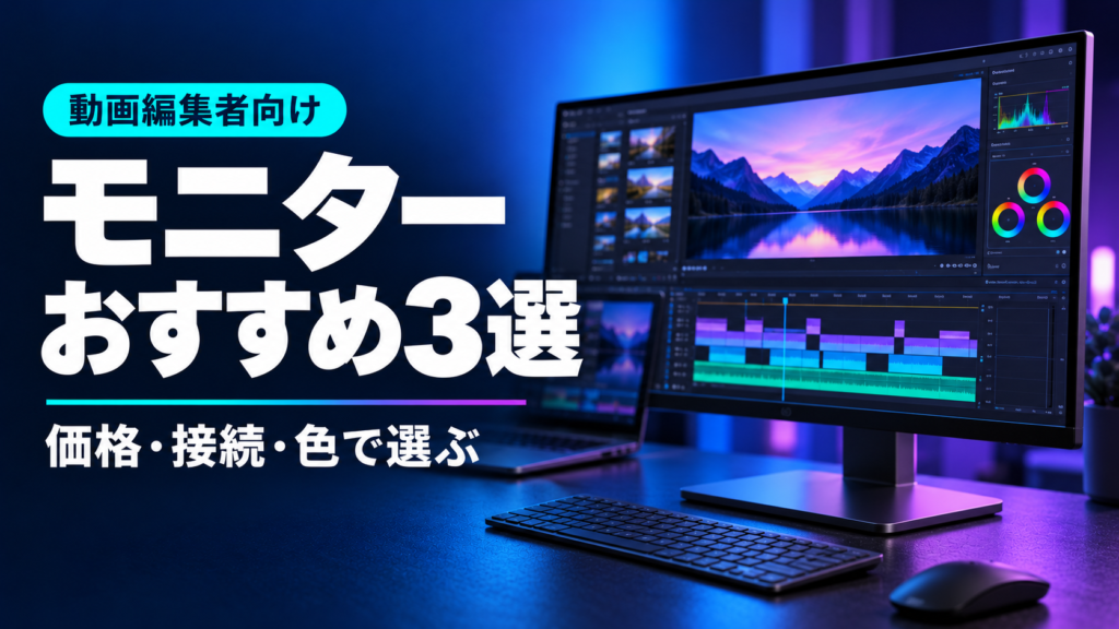 動画編集者向けモニターおすすめ3選。価格・接続・色で選ぶ。編集画面を表示したモニターのイメージ